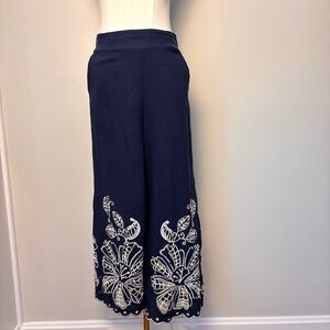 Christian Siriano Navy Blue Embroidered Wide Leg Cropped Elastic Waist Pants